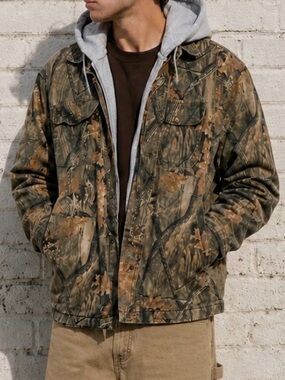 Vintage Camo Hooded Canvas Jacket Utility Field Workwear Hunting Coat Medium